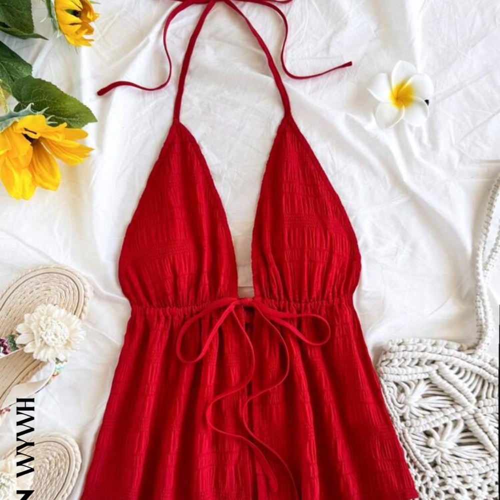 Red tie front halter top.